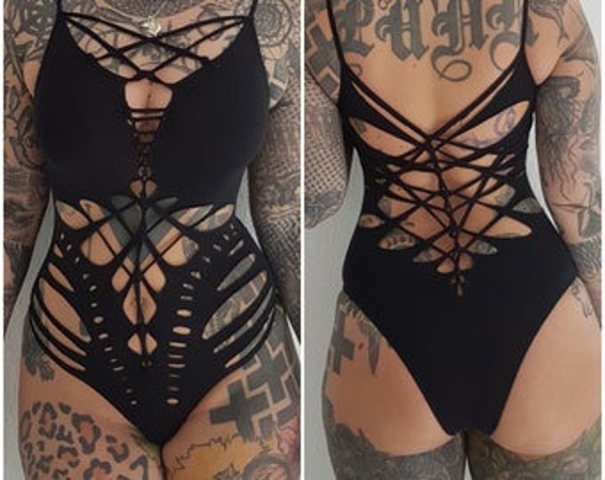 XS-XL Bodysuit cutout cut out cutouts fetish gogo festival black punk goa psy sacred pole yoga dance weave slit alzahea hooping firesafe