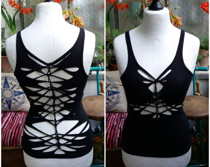 XS-4XL top tanktop longtop black cutouts cut out goa pixie braided psy burning cosplay yoga lacing elf fairy pattern knotted peepshow
