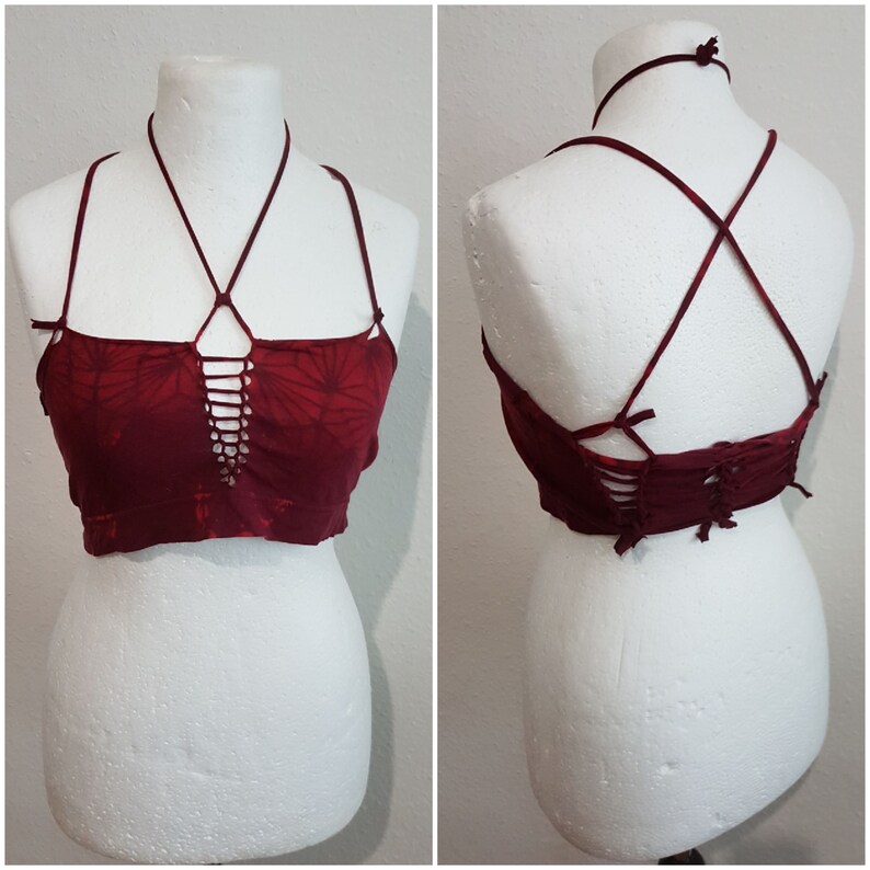 M-L Croptop red fire bustier bralet bra bralette bandeau balkonette belly-free bikini cutout cut out peepshow slit wave wave