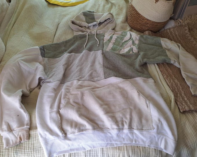 XXL green sage beige white hoody sweater patchwork goa pixie psy woven lacing elf fairy geometric pattern nymph gothic punk