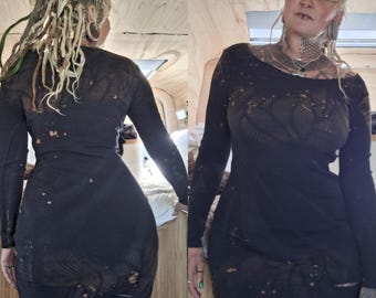 M-L Mididress, leaves, long sleeves, ribbed, cutouts, long dress, gothic, edgy, rock, goa, pixie, psy, tattoo, elf pattern, festival, party, woven