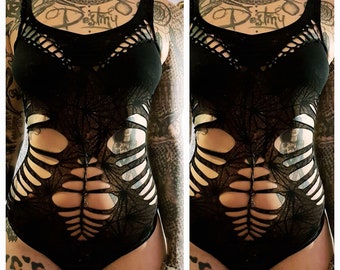 XS-XL Bodysuit cutout cut out cutouts fetish gogo festival black punk goa psy sacred pole yoga dance weave slit alzahea hooping firesafe