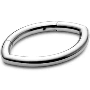 May include: A polished, silver-colored bracelet with an oval shape. The bracelet has a hinged clasp and is made of a smooth, reflective material. The jewelry is a modern, minimalist design.