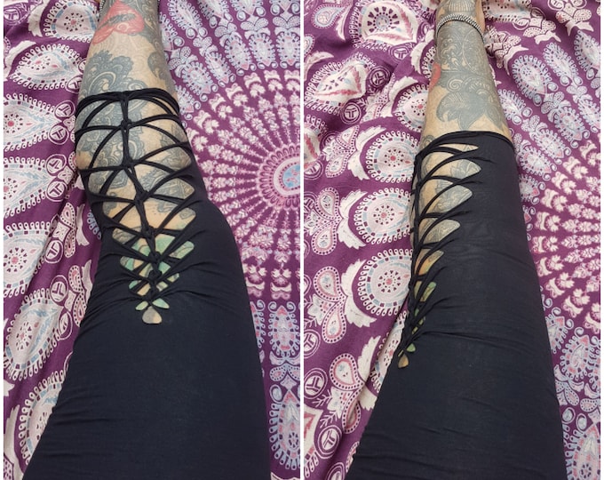 XXS-6XL 3/4 leggings black cutouts cut out goa pixie braided pilates psy shanty cosplay yoga ribbons lacing pattern rave knotted