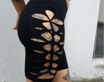 XS-4XL leggings black cyclist cutouts cut out goa pixie yoga gothic psy slit burning weave batik yoga ribbons lacing geometric pattern