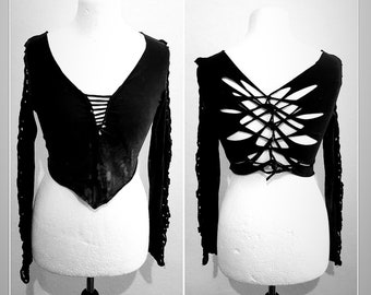 XS-4XL long-sleeved black crop top long-sleeved shirt with open belly cut-out goa psy trance boho hippie punk festival flower of life