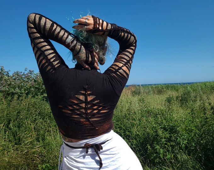 XS-XL wrap top black longsleeve crop top cutout cut out yoga goa psy ethno boho graphic fire pattern batik psi festival poledance