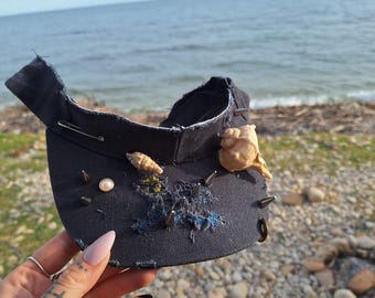 Baseball cap, visor, black, punk, mermaid, studded, denim, cotton