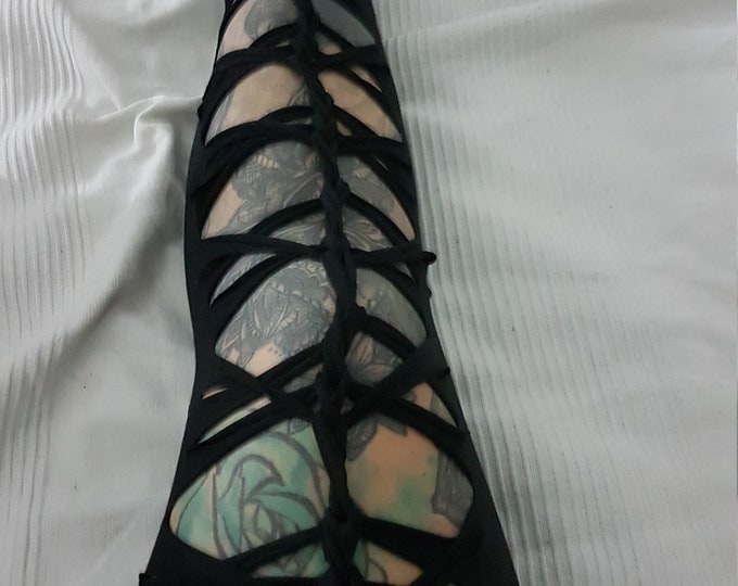 XXS-4XL frontcut leggings black cutouts cut out goa pixie edgy pilates psy burning man cosplay yoga ribbons lacing pattern rave knotted