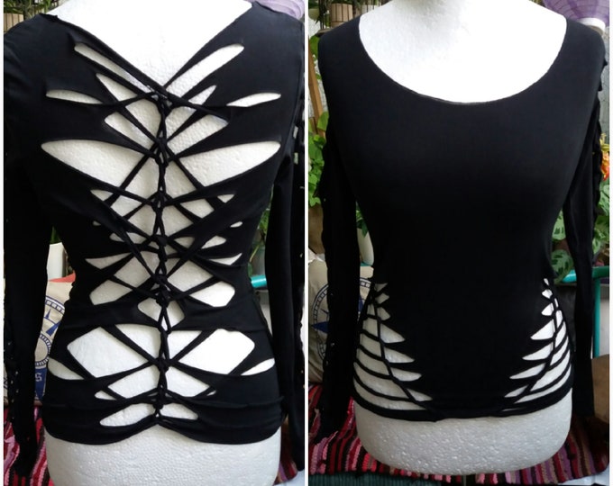 XS-4XL longsleeve top tank top black cutouts cut out goa pixie psy burning cosplay yoga grafic elf fairy knotted wasteland steampunk pattern