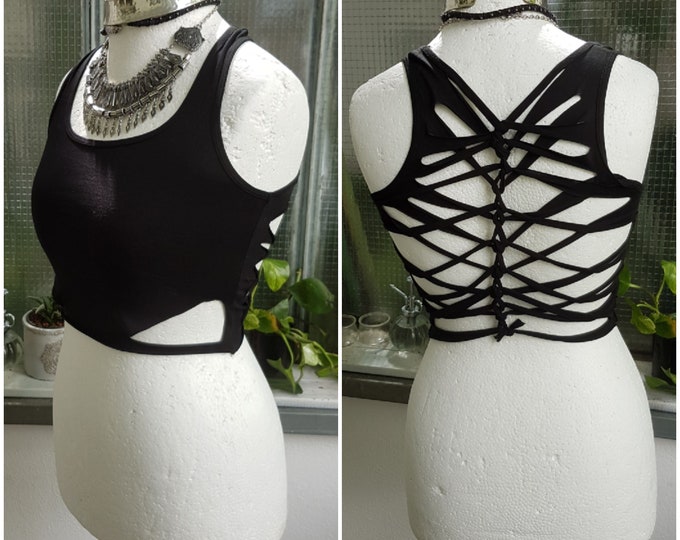 XS-4XL black brown batik top tanktop cutouts cut out goa pixie braided psy yoga lacing elf fairy pattern knotted peepshow magic