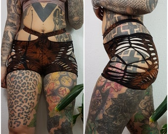 XS-6XL shorts hotpants batik graphic cotton black cutouts cutout goa pixie forest psy boho burning gothic weave lacing slit festival