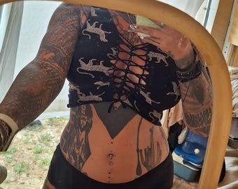 M-L top cheetah leopard tiger tank top black cutouts cut out goa pixie slit psy trance burning woven yoga weave elf geometric festival