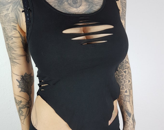 XS-4XL top tank top tip croptop black cutouts cut out goa pixie psy burning woven yoga sacred elf fairy geometric pattern hooping nymph