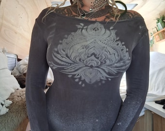 M-L Bodysuit gray offshoulder lotus mandala boho festival punk goa psy sacred pole yoga dance weave slit hippie batik hooping firesafe