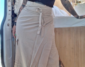 Onesize wrap skirt wrapskirt beige sand cotton linen cutouts long dress gothic edgy skirt goa pixie psy elf pattern festival party woven