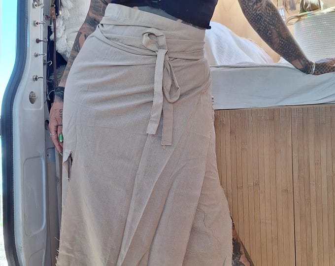 Onesize wrap skirt wrapskirt beige sand cotton linen cutouts long dress gothic edgy skirt goa pixie psy elf pattern festival party woven