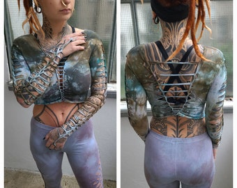 XS-4XL long-sleeved black crop top long-sleeved shirt with open belly cut-out goa psy trance boho hippie punk festival flower of life