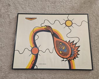 Vintage Clemence Wecoupe inheemse zeefdrukkunst, Manitou Banasik Gods Bird 24 x 18"