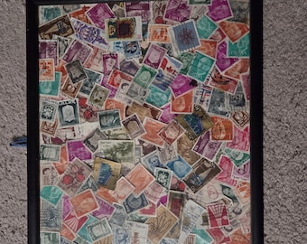 Vintage Judaica Framed Stamp Mosaic Art, 100+ Early State of Israel Stamps (1948-1960s), MCM Philatelic Folk Art Collage