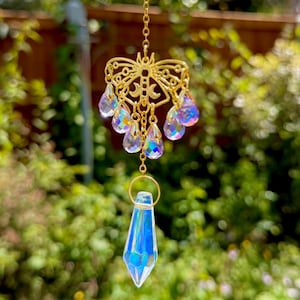 Crystal Sun Catcher for Window | Elegant Butterfly Prism Decor, Rainbow Maker Hanging Ornament with Info Card, Boho Gift Idea, Green/Purple
