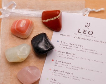 Leo Kristall Set // Sternzeichen Trommelsteine Astrologie Set Sternzeichen Kristall Kit Edelsteine für Leo Geschenke August Birthstone Mineralien Gems