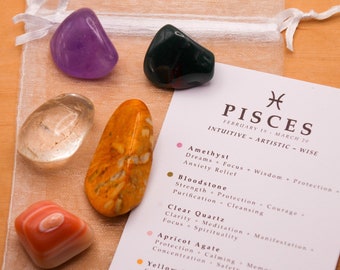 Pisces Crystal Set // Zodiac Tumbled Stones Astrology Set Star Sign Crystal Kit Gemstones For Pisces Gifts March Birthstone Minerals Gems