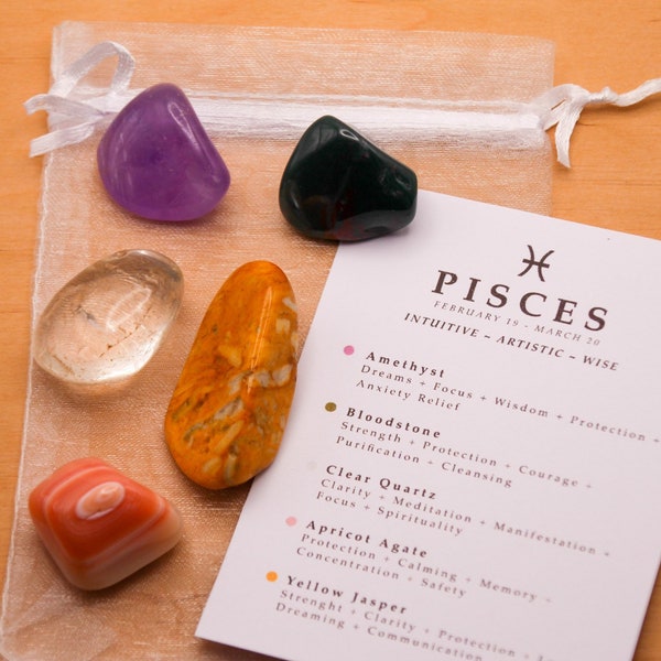 Ensemble de cristaux de poissons // Zodiac Tumbled Stones Astrologie Set Star Sign Crystal Kit Pierres précieuses pour les cadeaux de poissons Mars Birthstone Minéraux Gemmes