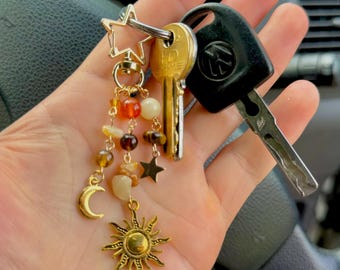Sun And Moon Keyring | Bohemian Crystal Geometric Celestial Keychain For Keys / Backpack, Golden Charm With Crystals Spiritual / Hippie Gift