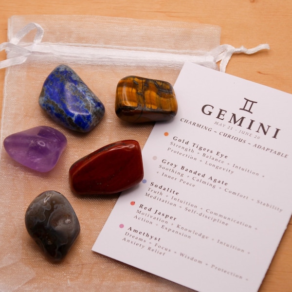 Gemini Crystal Set // Zodiac Tumbled Stones Astrology Set Star Sign Crystal Kit Gemstones For Gemini Gifts June Birthstone Minerals Gems