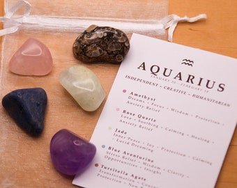 Aquarius Crystal Set // Zodiac Tumbled Stones Astrology Set Star Sign Crystal Kit Gemstones For Aquarius Gifts February Birthstone Minerals