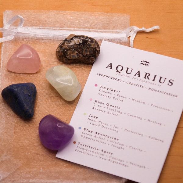 Aquarius Crystal Set // Zodiac Tumbled Stones Astrology Set Star Sign Crystal Kit Gemstones For Aquarius Gifts February Birthstone Minerals