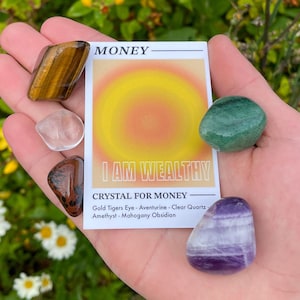 Geld Kristall Set // Ich bin wohlhabend Edelstein Geschenk Set // Reiches Trommelstein Kit // Kristalle für Wohlstand // Geld anziehen Affirmation // Geschenk