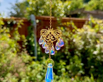 Crystal Sun Catcher for Window | Elegant Butterfly Prism Decor, Rainbow Maker Hanging Ornament with Info Card, Boho Gift Idea, Green/Purple