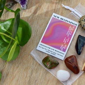 Ensemble de cristaux New Beginnings avec bois de Palo Santo // Coffret cadeau Changes and Fresh Start avec pierre roulée // Carte d'information pour la nouveauté
