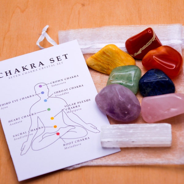 Juego de 8 piezas de chakras/con selenita, piedras rodadas de 7 chakras, juego de cristales curativos para principiantes, gran regalo, meditación, espiritualidad, minerales pulidos