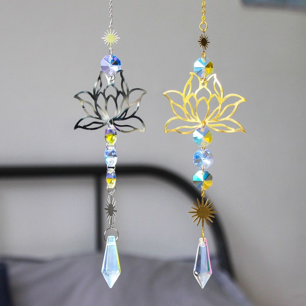Lotus Flower Sun Catcher | Crystal Suncatcher Boho Room Décor, Water Lily Plant, Window Decal Spring, Crystal Prism, Gifts For Women, Gifts