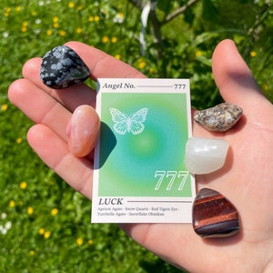 Kristallen set 777 engelennummer // Triple Seven cijferreeks edelsteencadeauset // Luck Tumble Stone Kit // Kristallen voor geluk // Gelukscadeaus