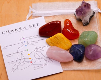 Conjunto de Chakras | Kit de Cristais para Iniciantes - Equilíbrio dos Chakras - Pedras Roladas de Ametista (8 Cristais) - Presente Energético - Mineral Bruto e Natural - Estilo Hippie