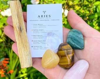 Conjunto de Cristais de Áries // Com Palo Santo, Pedras Preciosas do Signo do Zodíaco, Presente para Áries, Incenso de Madeira Sagrada, Aniversário Espiritual para Setembro