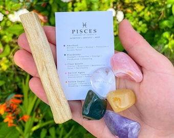 Pisces Crystal Set // With Palo Santo, Zodiac Sign Astrology Gemstones, Gift For Pisces, Holy Wood Incense, Spiritual Birthday For March
