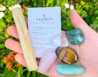 Taurus Crystal Set // With Palo Santo, Zodiac Sign Astrology Gemstones, Gift For Taurus, Holy Wood Incense, Spiritual Birthday For May