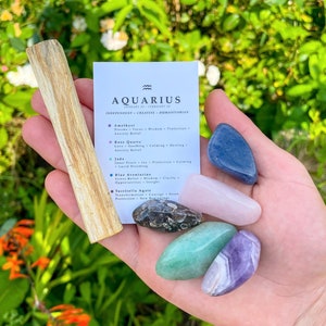 Zestaw kryształów Wodnika // Z Palo Santo, kamienie szlachetne do astrologii znaku zodiaku, prezent dla Wodnika, kadzidło z drewna świętego, duchowe urodziny w lutym