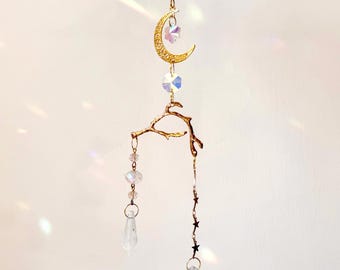 Prachtige gouden klokgelui zonnevanger | Halve maan kleurrijke kristallen zonnevanger, hangend raamornament, cadeau voor nieuw huis, hemels decor