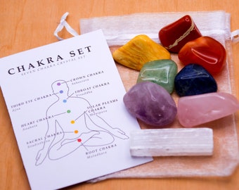 8 Pcs Chakra Set | With Selenite 7 Chakra Tumbled Stones Beginners Healing Crystal Set Great Gift Meditation Spirituality Minerals Polished