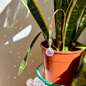 Puede incluir: Un atrapasoles de cristal decorativo colgando frente a una planta de serpiente en maceta. El atrapasoles tiene una cadena dorada con cristales transparentes y azules, y una gran bola de cristal facetada en la parte inferior. La planta está en una maceta marrón.