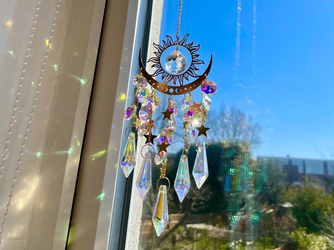 XL Crystal Moon Sun Catcher | Celestial Hanging Decor | Large Rainbow ...