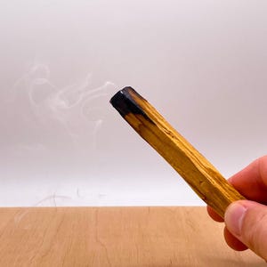 May include: A smoldering stick of Palo Santo wood, emitting white smoke, held in a hand against a white background.