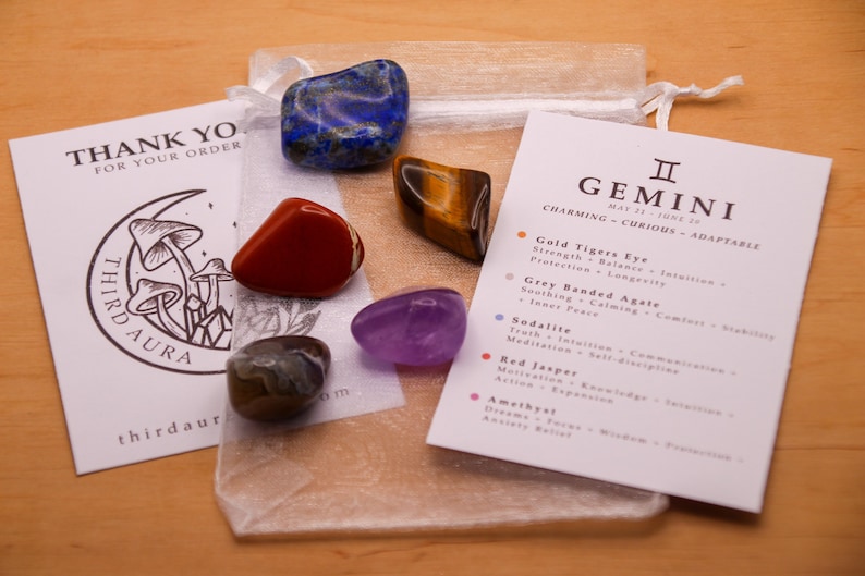 Gemini Crystal Set // Zodiac Tumbled Stones Astrology Set Star Sign Crystal Kit Gemstones For Gemini Gifts June Birthstone Minerals Gems image 3