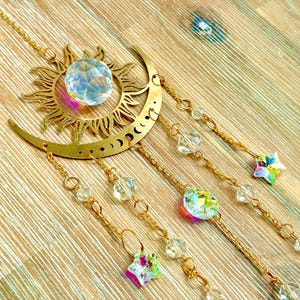 Sun / Moon Rainbow Maker | Hanging Golden Charm Crystal Prism Suncatcher, Moon Phases Themed Gifts, Window Decal Light Catcher Bedroom Decor